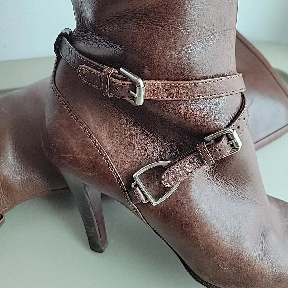 Ralph Lauren Purple Label Knee High Leather Boots Womens Size 6.5 Brown Heel Zip